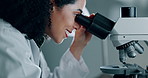 Medical, research and woman with science, microscope and check sample with experiment, dna test and innovation. Person, scientist and researcher with laboratory equipment, cancer and vaccination