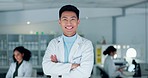 Science, portrait and Asian man with confidence in laboratory, pharmaceutical research in biotech and smile. Medical study, innovation or vaccine development, happy scientist with arms crossed in lab