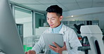 Scientist, tablet and computer for research, data analysis and typing test results or laboratory report. Doctor, science expert or happy asian man with medical or digital software for biotechnology