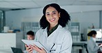 Scientist, woman and tablet for research, data analysis and laboratory test results or online report. Face of doctor, science student or medical expert on digital tech for pharmaceutical development