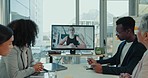 Video call, meeting and business people on screen for discussion, planning and online conversation. Corporate, collaboration and men and women for webinar, conference and communication in office