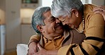 Home, hug and senior couple with love, retirement and relationship with support, bonding and relax. Romance, old man and elderly woman embrace, apartment and marriage with trust, care and commitment