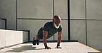 Mature, man, training and fitness for wellness with pushups for strength, health or endurance with motivation. African, person and exercise with concentration, mindset and target for goal in future
