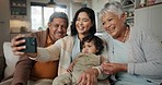 Selfie, woman and senior parents with baby bonding together on a sofa for relaxing at home. Happy, smile and female person taking a picture with elderly people and child in retirement in the lounge.