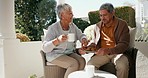 Senior couple, drinking coffee and smile in outdoors, retirement and love for bonding, marriage and trust. Laughing old mexican people, support and relax on porch with food and morning conversation