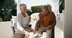 Senior couple, love and relax with coffee, marriage and communication with romance, retirement and bonding. Romantic, old man and elderly woman with tea, biscuits and marriage with latte and love