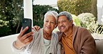 Video call, happy and senior couple in garden for fresh air and bond together with communication. Smile, technology and elderly man and woman wave for hello on a virtual conversation with cellphone.