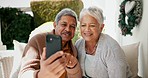 Video call, phone and senior couple in garden for fresh air and bonding together with communication. Happy, technology and elderly man and woman in retirement on a virtual conversation with cellphone