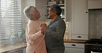 Retirement, home and dancing senior couple with love in house, kitchen or living room with care and support together. Happy, elderly people and dance with freedom, peace and happiness in marriage