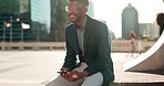 Business, phone or happy black man in city on social media to chat on internet post or website notification. News, smile or African entrepreneur texting, networking or typing online on mobile app