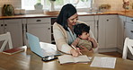 Working mother, laptop and baby at desk with smile in home for remote work deadline or multitask worker. Mom, child and home work life balance or writing in notebook, productivity as business owner