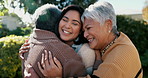 Mexican family, hug and smile for reunion, outdoors and love for support, retirement and care. Elderly parents and daughter, visit and happy in backyard, bonding and embrace for quality time at home