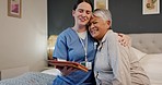 Hug, clipboard and nurse with senior woman in bedroom for medical wellness consultation with help. Comfort, healthcare and caregiver embracing elderly female patient with checklist in nursing home.