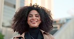 Business woman, face and smile in the city with work travel, commute and morning with confidence. Urban, portrait and female professional happy from career and ready to start working outdoor