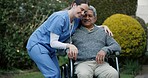 Wheelchair, caregiver hug and senior man, recovery patient or healthcare client for elderly care in retirement nursing home. Kindness, happy medical nurse and woman embrace old person with disability