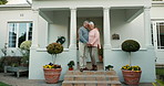 New home, outdoor senior couple and happy for house, real estate or retirement property sale, purchase or investment. Relocation portrait, homeowner and elderly people holding hands on front porch