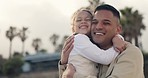 Happy, excited child and hug with dad outdoor with love, care and support from bonding in park. Young girl, father and family together with a smile of kid in summer on holiday in Miami with freedom