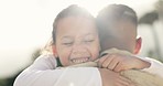 Happy, child and hug with dad outdoor with love, care and support from bonding in park. Young girl, father and family together with a smile of excited kid in summer on holiday in Miami with freedom