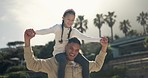 Beach, walking and father with child on shoulder, bonding and having fun together, relax and connect on summer holiday. Wellness, love and happy dad, kid or family support, care and piggyback girl