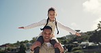 Beach, plane and father piggyback child on shoulder, bonding and walking on morning journey, vacation or holiday. Airplane game, Fathers Day fun and playful dad, kid or happy family travel in nature