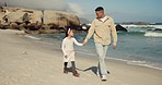 Beach, holding hands and walking father, happy child and family bond on sea shore journey, holiday or tropical island. Ocean waves, love and dad with kid support, care and travel on nature vacation