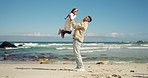 Family, beach and playing with child in air with bonding, travel and holiday in Miami outdoor. Love, father and young girl with happy kid and vacation together on trip by the sea and ocean with fun