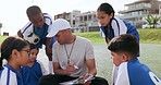 Sports, clipboard and children with coach for soccer prepare for game, match and practice outdoors. Teamwork, discussion and young kids for training schedule, exercise and planning for tournament