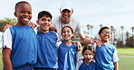 Portrait, team and children with coach for sports with smile and outdoor in nature with happiness and teamwork. Face, kids and man with game smile for football, workout and fitness with diversity