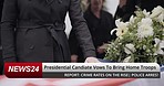 News, broadcast and woman at funeral of soldier for military, mourning and veteran memorial. American flag, coffin and headline, report and presidential announcement for army troops on television