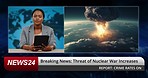 Breaking news, woman reporter and tv studio for war threat, nuclear explosion or danger for information. African television presenter, face and tablet for review, speech or broadcast with warning
