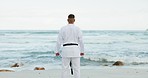 Karate, beach or back of man ready for martial arts, fighting or self defense sport for fitness in nature. View, kung fu or healthy master in a uniform for taekwondo training, exercise or workout 