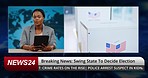 Breaking news, reporter woman and tv studio for election, results and box on screen for democracy. African television presenter, face and tablet for USA voting, choice and decision for government
