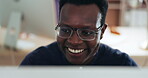 Man, laptop and video call for communication or webcam as remote worker, internet connection or close up. Black male professional, online business meeting and virtual conference, consulting or smile