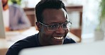 Research, smile and black man on a computer in the office reading information on the internet. Happy, technology and professional African male lawyer doing research for a legal case in the workplace.