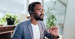 Black man, computer and consulting in call center for customer service, CRM advisory or questions. Telemarketing, salesman or virtual contact at help desk for telecom, FAQ communication or IT support