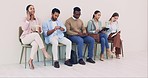 People, recruitment queue and waiting room on chair interview, check time and arrival together at workplace. Man, women and line for hiring opportunity, job and human resources agency with diversity