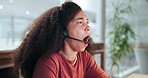 Call center woman, yawn and tired in office, night or burnout in consulting, telemarketing or tech support. CRM, customer service or fatigue with mic, networking and voip headphones in dark workplace