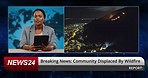 TV news studio, woman and broadcast for fire, global warming and mountains on screen. Television show, African presenter face and tablet for broadcast, flames and climate change crisis in Hawaii