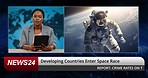 News, reporter woman and astronaut in space, tv studio and  developing countries with interstellar travel. African presenter face, tablet and information for exploring atmosphere, moon and planet
