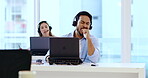 Man, call center or headset as tired telemarketing agent
for customer service at laptop for sales, tired or stress. Male professional, burnout or online communication, workplace fatigue or frustrated