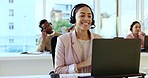 Customer service, business or happy woman on video call consulting on mic headset in office communication. CRM virtual assistant, sales or consultant speaking, listening or talking online on laptop