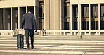 Black man, travel and luggage for business trip, airport and flight to seminar for convention, workshop and conference. City, buildings and urban area to commute for work, corporate and entrepreneur