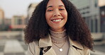 Face, smile and a business black woman in the city for freedom, opportunity or career inspiration. Portrait, fashion and building with a happy young professional employee on a street in an urban town