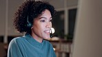 Business woman, call center and night communication, e commerce support and customer service on computer. African consultant or virtual advisor on desktop for website FAQ, information and online chat