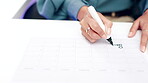 Hands, woman and writing for schedule planning, note calender or christmas reminder in office at work with black marker. Person, professional and planner for appointment, priority meeting at company