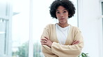 Serious face, arms crossed and business woman in office, startup workplace or creative career in company. Portrait, confident professional entrepreneur or designer, worker or employee in South Africa