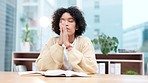 Bible, praying and business woman in office with stress prayer for help, guidance or hope. Anxiety, pray and female employee with holy book for miracle, results or review, feedback or loan approval