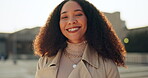 Face, flare and a business black woman in the city for freedom, opportunity or career inspiration. Portrait, smile and fashion with a happy young professional employee on a street in an urban town