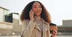 Happy woman, phone call and city, walking to work and travel communication, business chat or outdoor networking. Professional entrepreneur or african worker talking on her mobile and coffee break