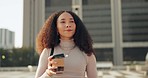 Woman, walking and coffee break in city to relax with calm, energy and peace in urban morning commute or travel. African, entrepreneur and drinking espresso, cappuccino or caffeine for work or job